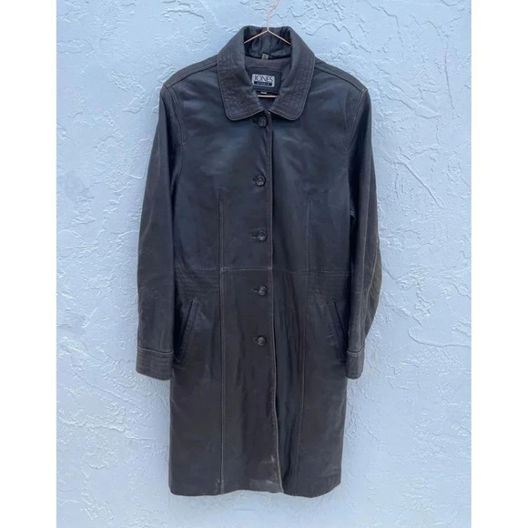Jones Studio Womens Long Sleeve Buttons Brown Leather Trench Coat Sz L